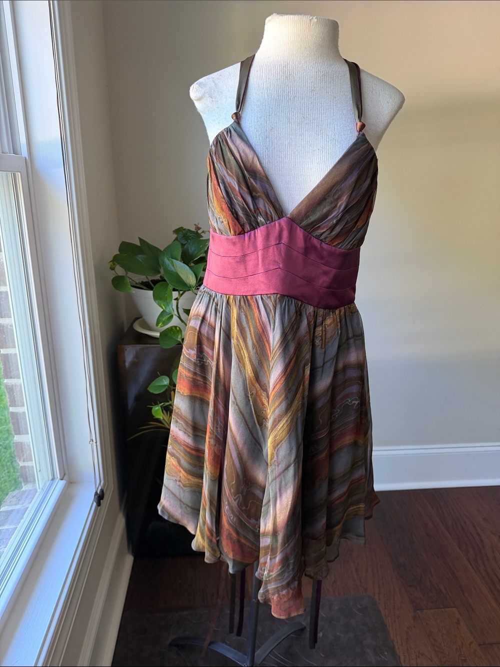 LaRok Multicolor Swirl Halter Mini Dress with Rose Band